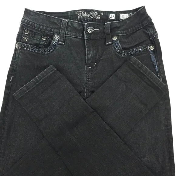 Miss Me Jeans Mid Rise Skinny Black Size 27 Stretch Studs Rhinestones Sequins - Picture 15 of 16